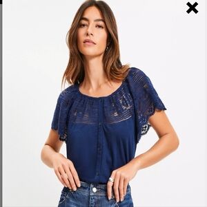 Loft Blue Lace Flutter  Sleeve Top